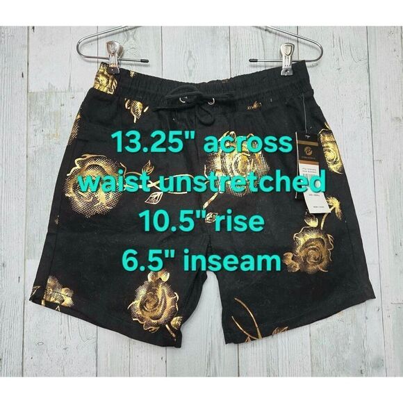 Drill Metallic Gold on Black Rose Flower Floral Statement Drawstring Shorts Sz. - Picture 2 of 4